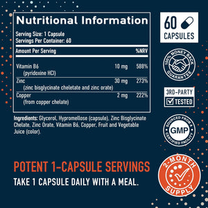 Zinc 30Mg Microbeadlets with Copper | Highly Absorbable Zinc Bisglycinate & Orotate with 2Mg Chelated Copper + Vitamin B6 | Vegan, Gluten-Free | Acne Support Supplements | 60 Capsules