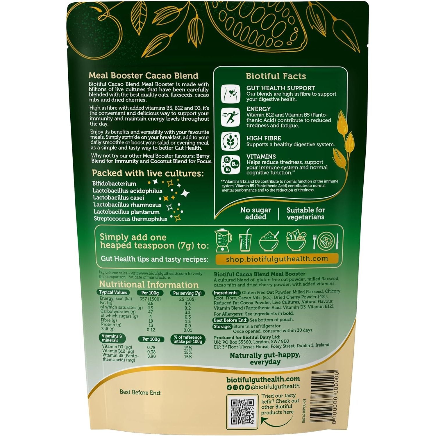 Biotiful 7-In-1 Gut Health Powder – High in Prebiotics & Probiotics for Digestive Health – Source of Protein & Vitamins (B5, B12, D3) – Affordable Everyday Price – Natural, Cacao & Cherry, 30 Servings