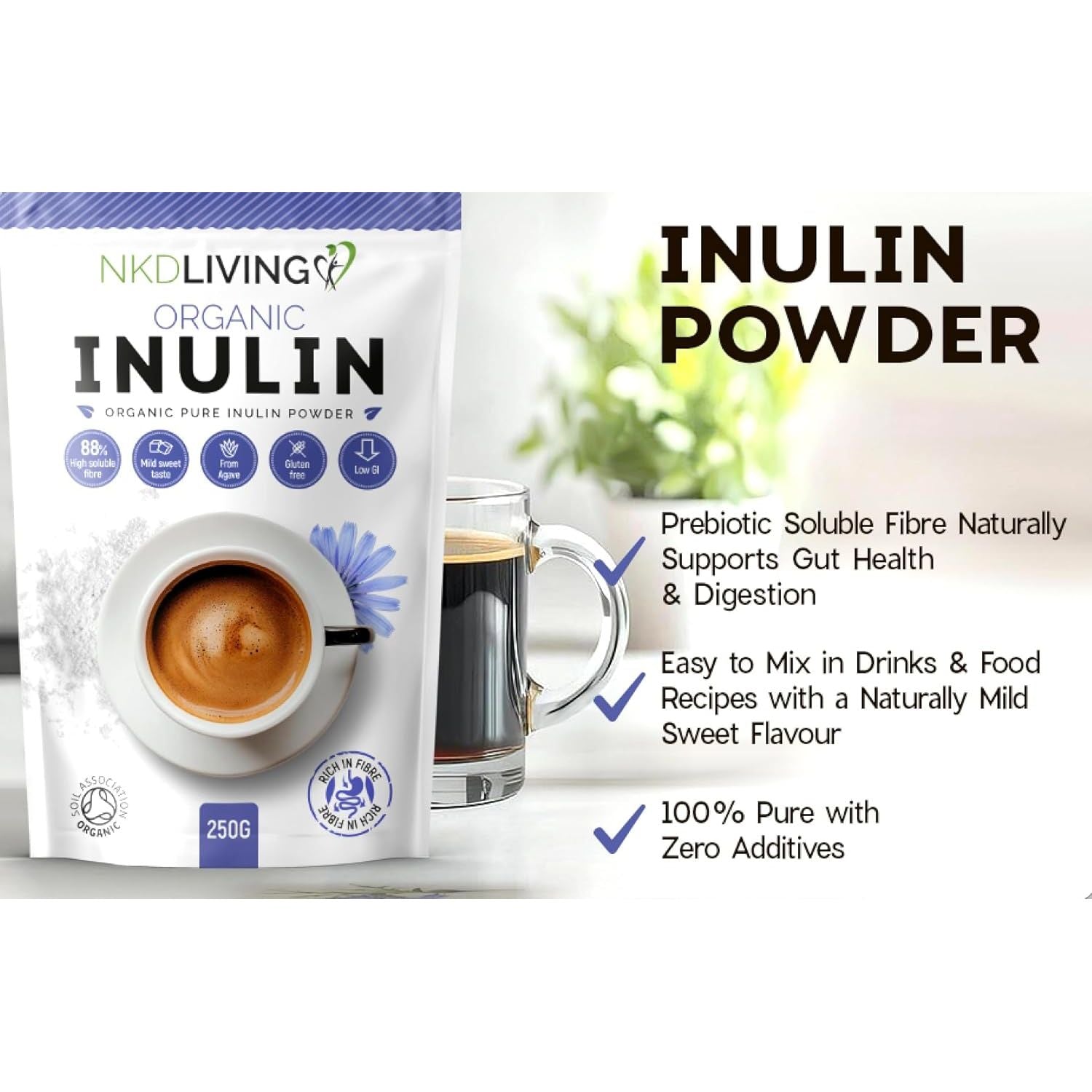 NKD Living Organic Inulin High Grade Prebiotic Fibre Powder (250G) - Fibre Prebiotic Supplement
