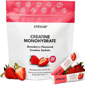 Creatine Monohydrate | Lab Tested | 30 Travel Sachets, 5G Creatine Each | Natural Strawberry Flavour | Zero Sugar | Supports Muscle Growth, Strength, Recovery, Cognition & Performance | for Men&Women