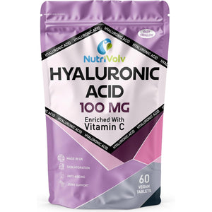 Hyaluronic Acid 100Mg & Vitamin C | 60 Tablets | Vegan | for Men & Women | Healthy Skin Bones anti Ageing | by Nutrivolv