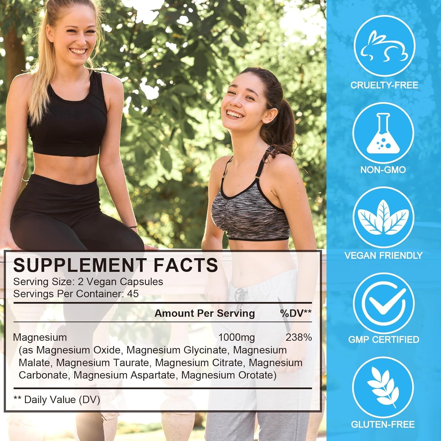 8 In1 Magnesium Complex Supplement 8 Elemental 1000Mg, Magnesium Glycinate, Citrate, Malate, Taurate, Chelated for Easy Absorption for Bones, Muscle, Recovery, Energy, Vegan Non-Gmo 90 Capsules