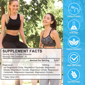 8 In1 Magnesium Complex Supplement 8 Elemental 1000Mg, Magnesium Glycinate, Citrate, Malate, Taurate, Chelated for Easy Absorption for Bones, Muscle, Recovery, Energy, Vegan Non-Gmo 90 Capsules