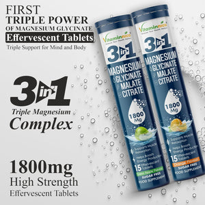 Vitaminnica Magnesium 3-In-1 Effervescent- 15 Tablets – High Absorption Magnesium Malate, Citrate & Glycinate – Energy, Muscle Function & Relaxation – Sugar-Free (Pack of 1, Orange)