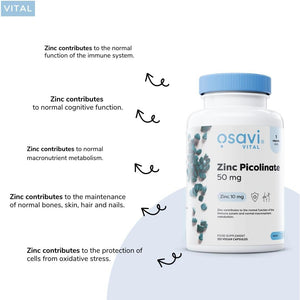 Osavi Zinc Picolinate 50Mg - 120 Vegan Capsules | Highly Absorbable Zinc for Immune Support, Cognitive Function, Metabolism, and Healthy Skin | 100% Daily Zinc Requirement in One Capsule