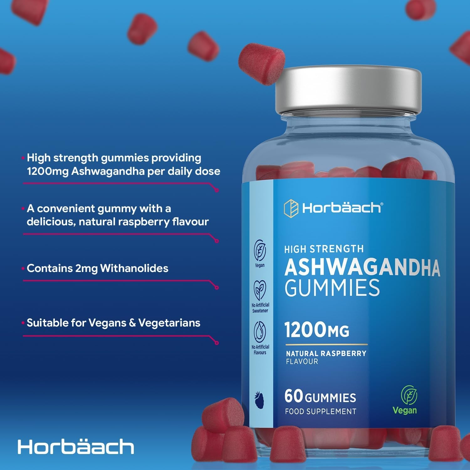 Ashwagandha Gummies 1200Mg | 60 Vegan Gummies | with 5% Withanolides | Natural Raspberry Flavour | by Horbaach