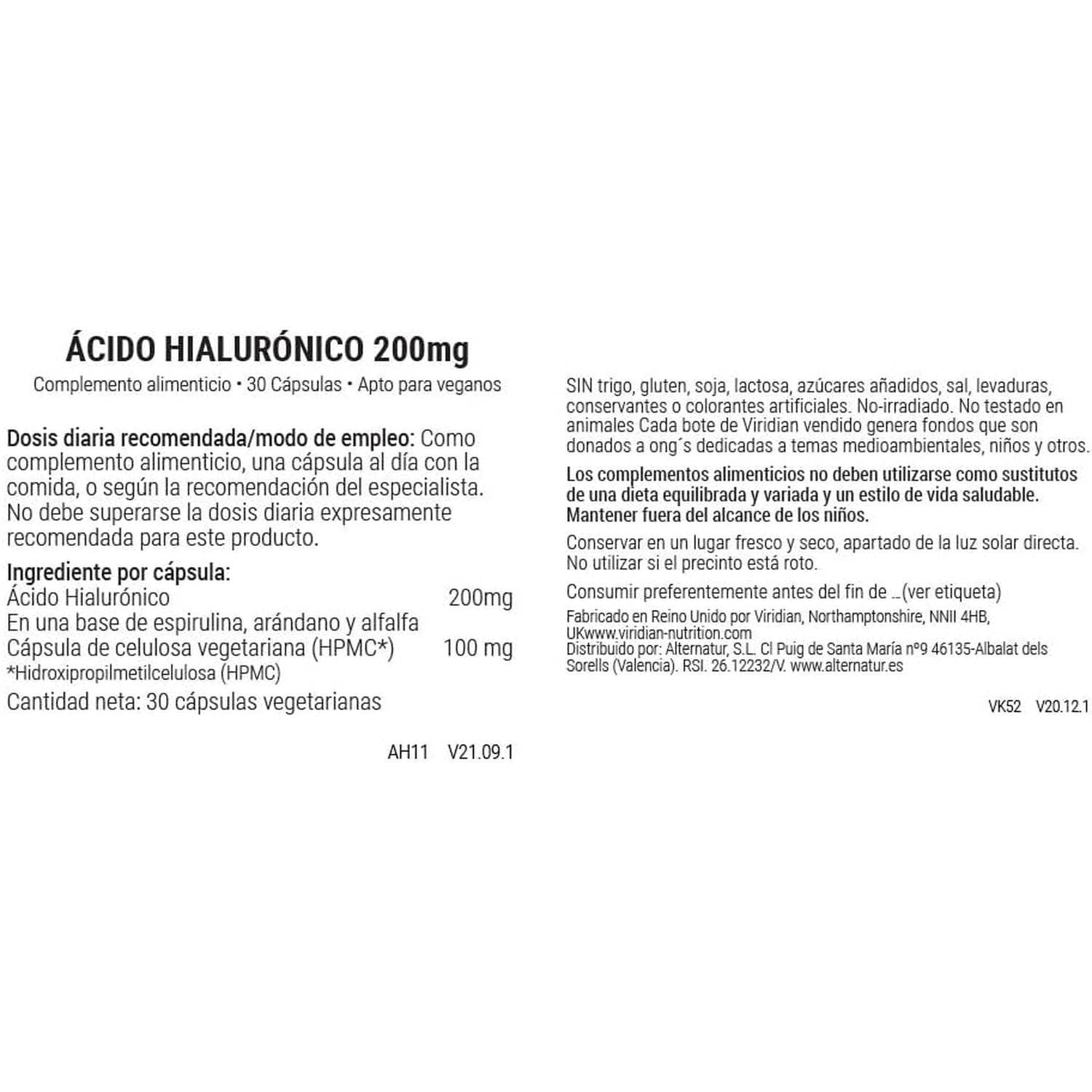 Viridian Hyaluronic Acid 200Mg - 30 Capsules