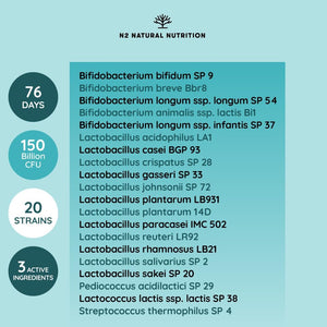 Probiotics 150 Billion CFU – 20 Multi Strains with Prebiotic, Inulin & Zinc – High Strength Vegan Supplement – Gastro Resistant Capsules – 76 Day Supply – N2 Natural Nutrition
