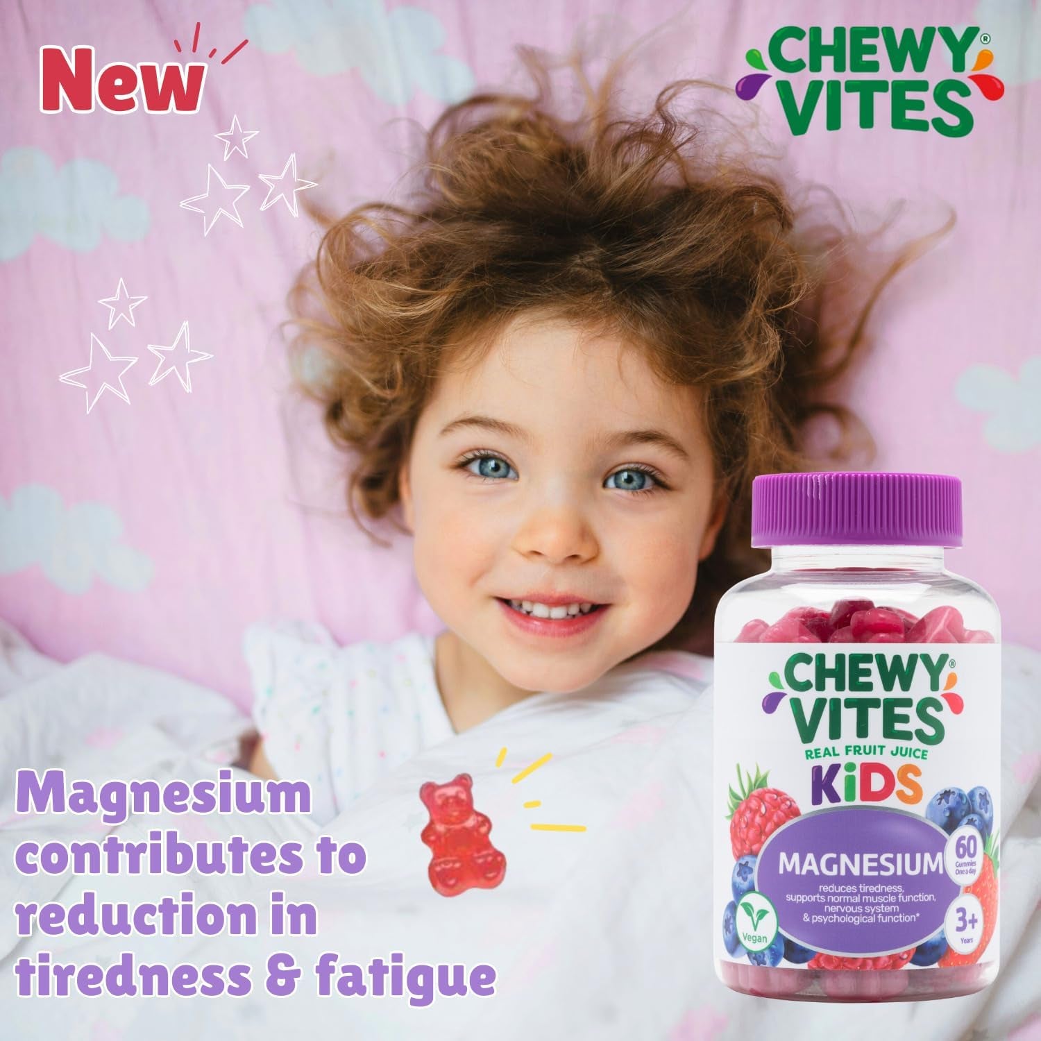 Chewy Vites Kids Magnesium, 2 Months Supply, 60 Kids Vitamins Gummies, 500Mg Magnesium Citrate Providing 56Mg per Gummy, Real Fruit Juice, Age 3 +, Berries Flavour