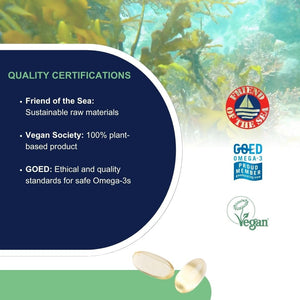 Vegan Omega 3 OMEGOR Veg - Algae Oil Omega3 Capsules Certified by IFOS and Vegan Society - 250Mg EPA and 125Mg DHA with Vitamin E (60 Caps)