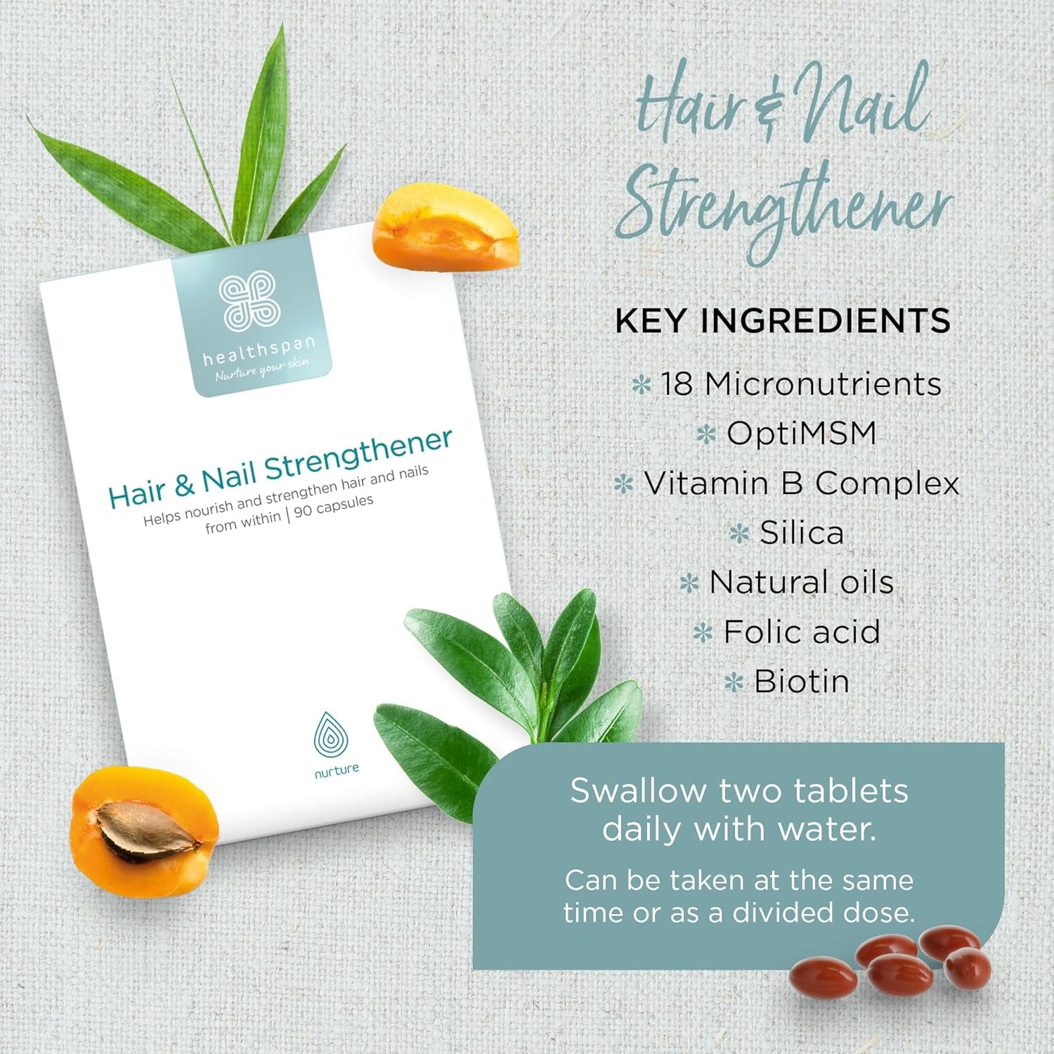 Healthspan Hair & Nail Strengthener (45 Days Supply) | Promote Glossy, Shiny Hair and Strong & Healthy Looking Nails | 18 Balanced Micronutrients | with Optimsm & Vitamin B-Complex | Vegetarian
