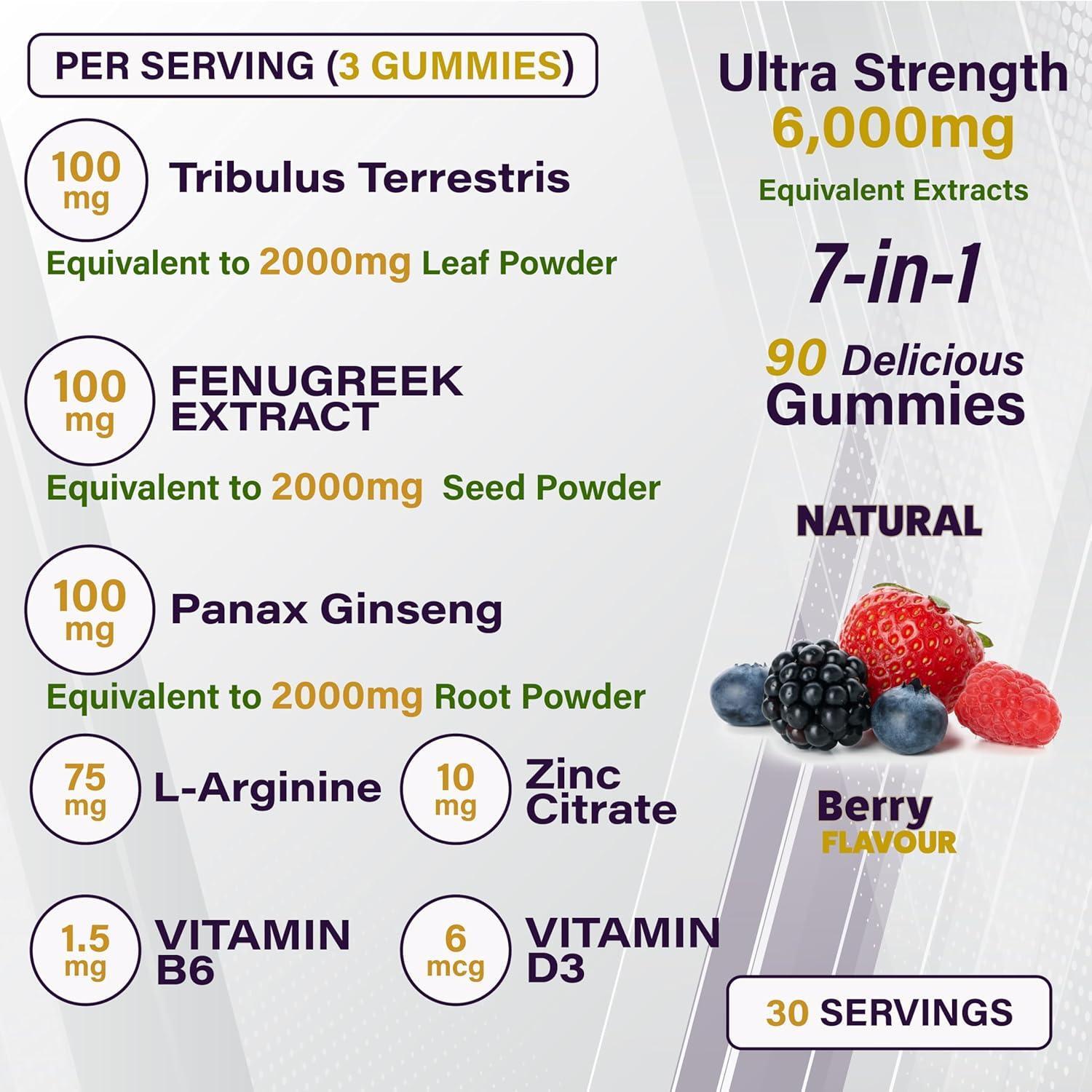 Wellboost Testos MAX Strength Gummies - 6000Mg 7-In-1 Tribulus, Fenugreek, Ginseng, L-Arginine, Zinc, Vitamin D3 & B6