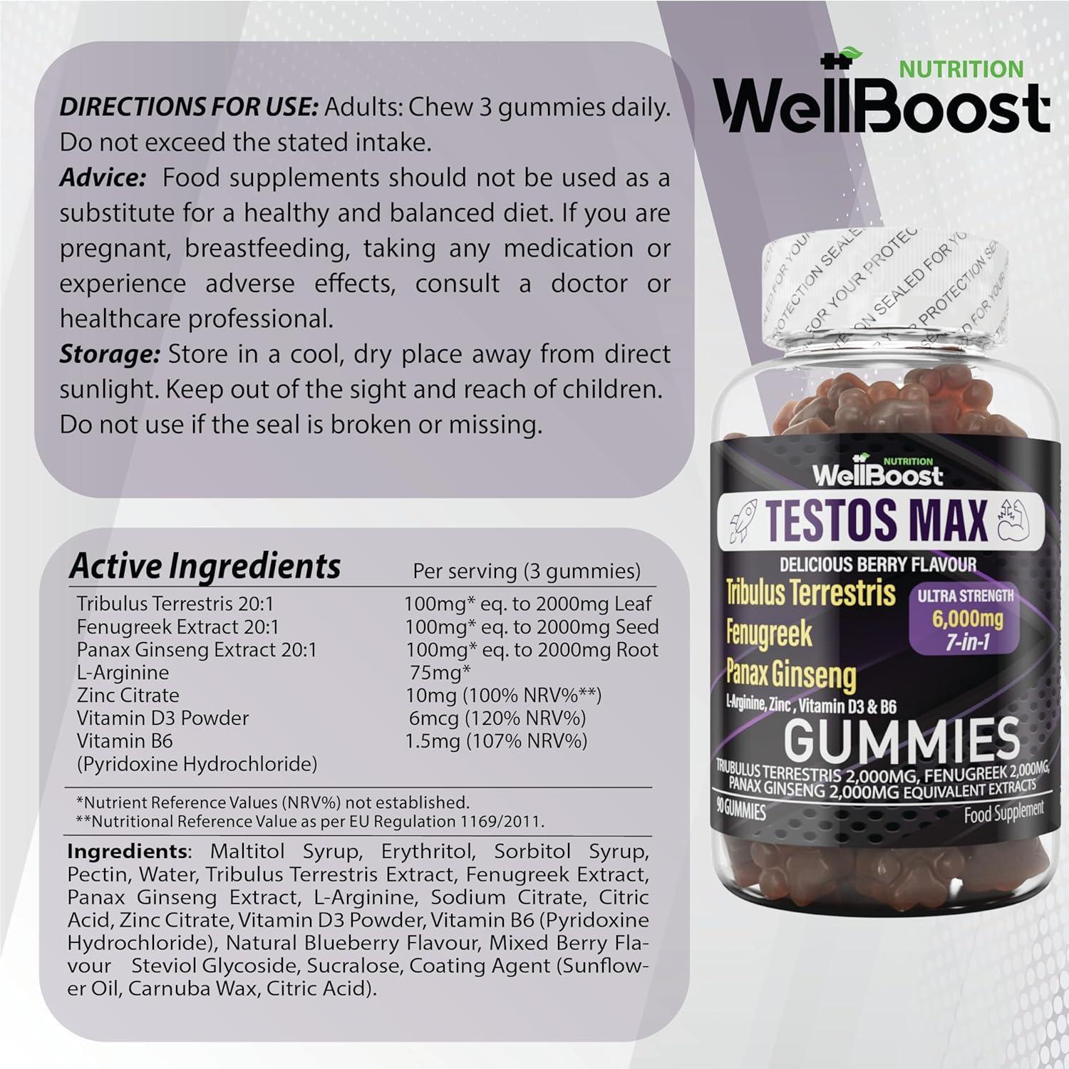Wellboost Testos MAX Strength Gummies - 6000Mg 7-In-1 Tribulus, Fenugreek, Ginseng, L-Arginine, Zinc, Vitamin D3 & B6