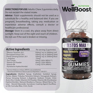 Wellboost Testos MAX Strength Gummies - 6000Mg 7-In-1 Tribulus, Fenugreek, Ginseng, L-Arginine, Zinc, Vitamin D3 & B6