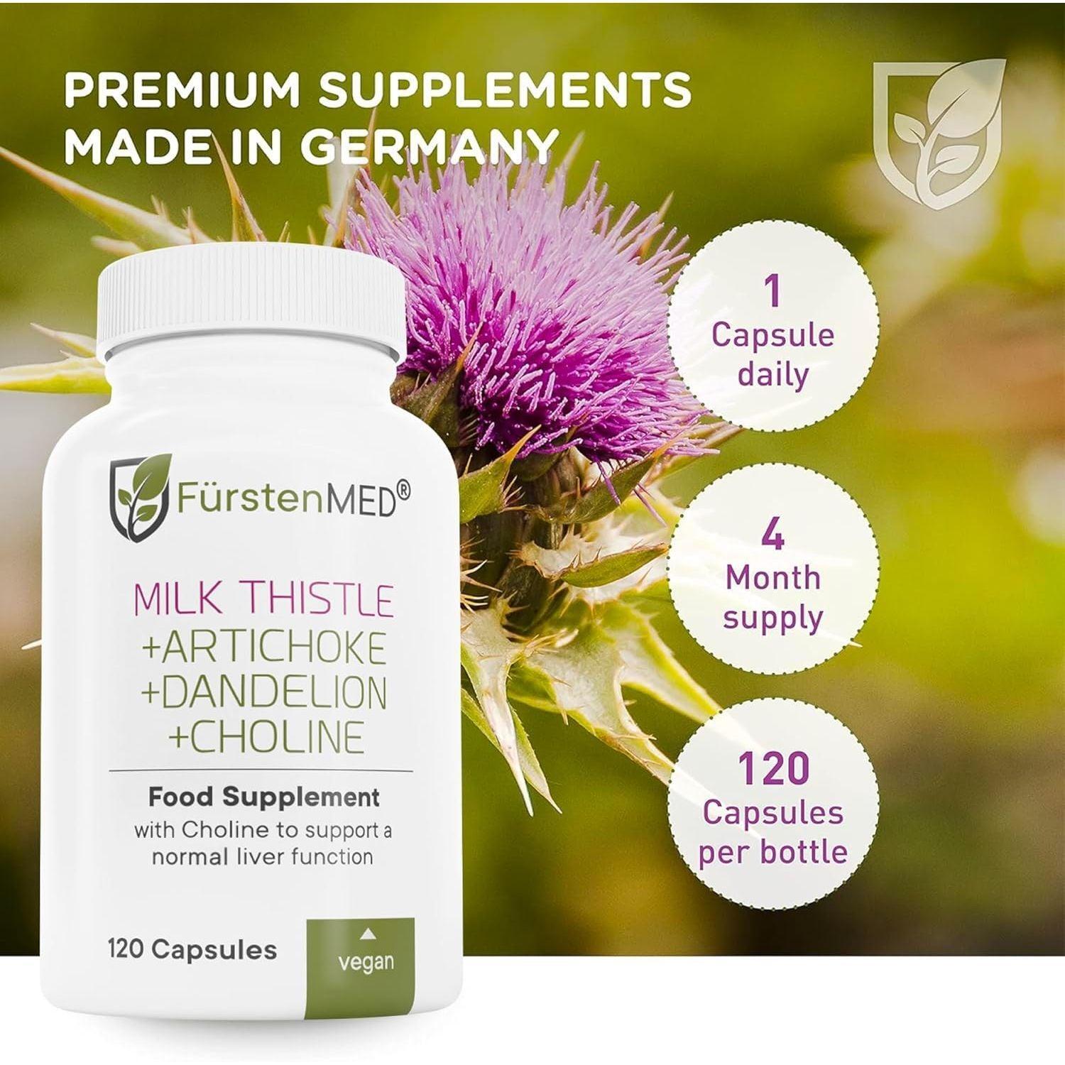 Fürstenmed - Milk Thistle with Artichoke Extract, Dandelion Root & Choline - Vegan Liver Support - 120  Capsules