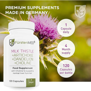Fürstenmed - Milk Thistle with Artichoke Extract, Dandelion Root & Choline - Vegan Liver Support - 120  Capsules