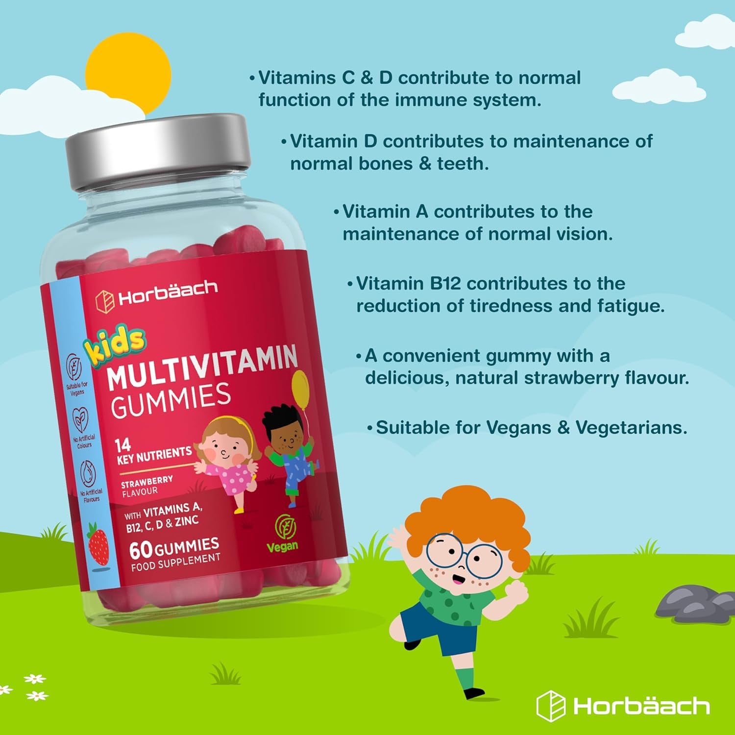 Kids Multivitamin Gummies | 60 Count (2 Months Supply) | 14 Essential A-Z Nutrients | with Vitamin A, B12, C, D & Zinc | Strawberry Flavour | Vegan Gummy Supplement for Ages 4+| by Horbaach