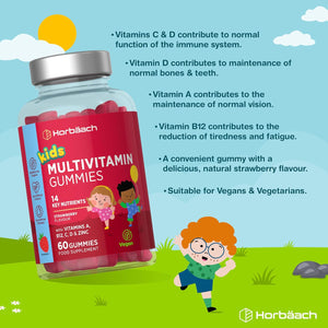 Kids Multivitamin Gummies | 60 Count (2 Months Supply) | 14 Essential A-Z Nutrients | with Vitamin A, B12, C, D & Zinc | Strawberry Flavour | Vegan Gummy Supplement for Ages 4+| by Horbaach
