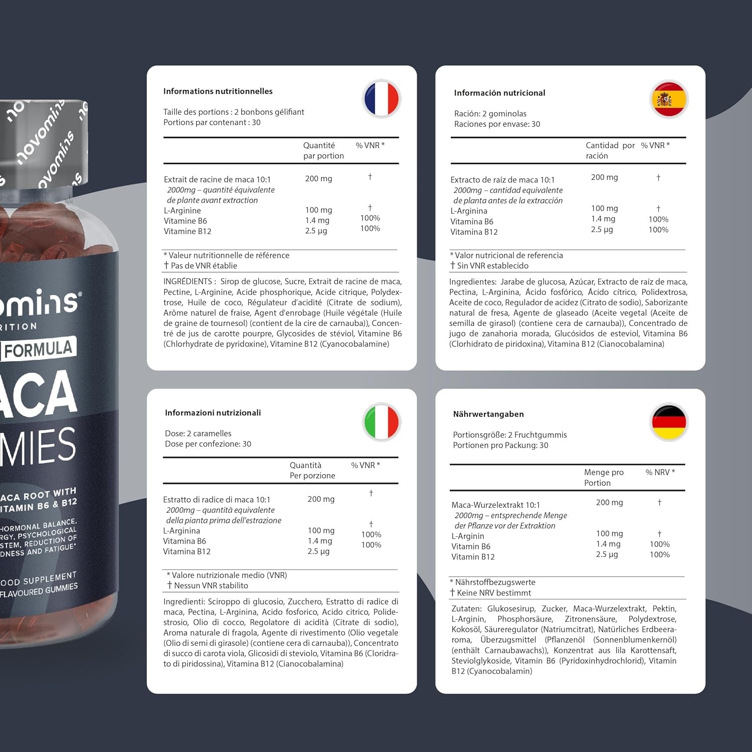 Maca Root Gummies - High Strength Alternative to Maca Powder & Maca Capsules - 2000Mg - Made from 100% Peruvian Maca Root Powder with L-Arginine, Vitamin B12 & B6-60 Count - Novomins