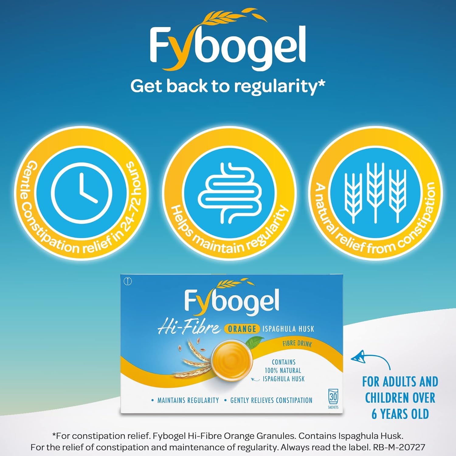 Fybogel Hi Fibre Sachets Orange Flavour 30 Pack - Gentle Constipation Relief, Easy Mix Powder, Vegan Friendly