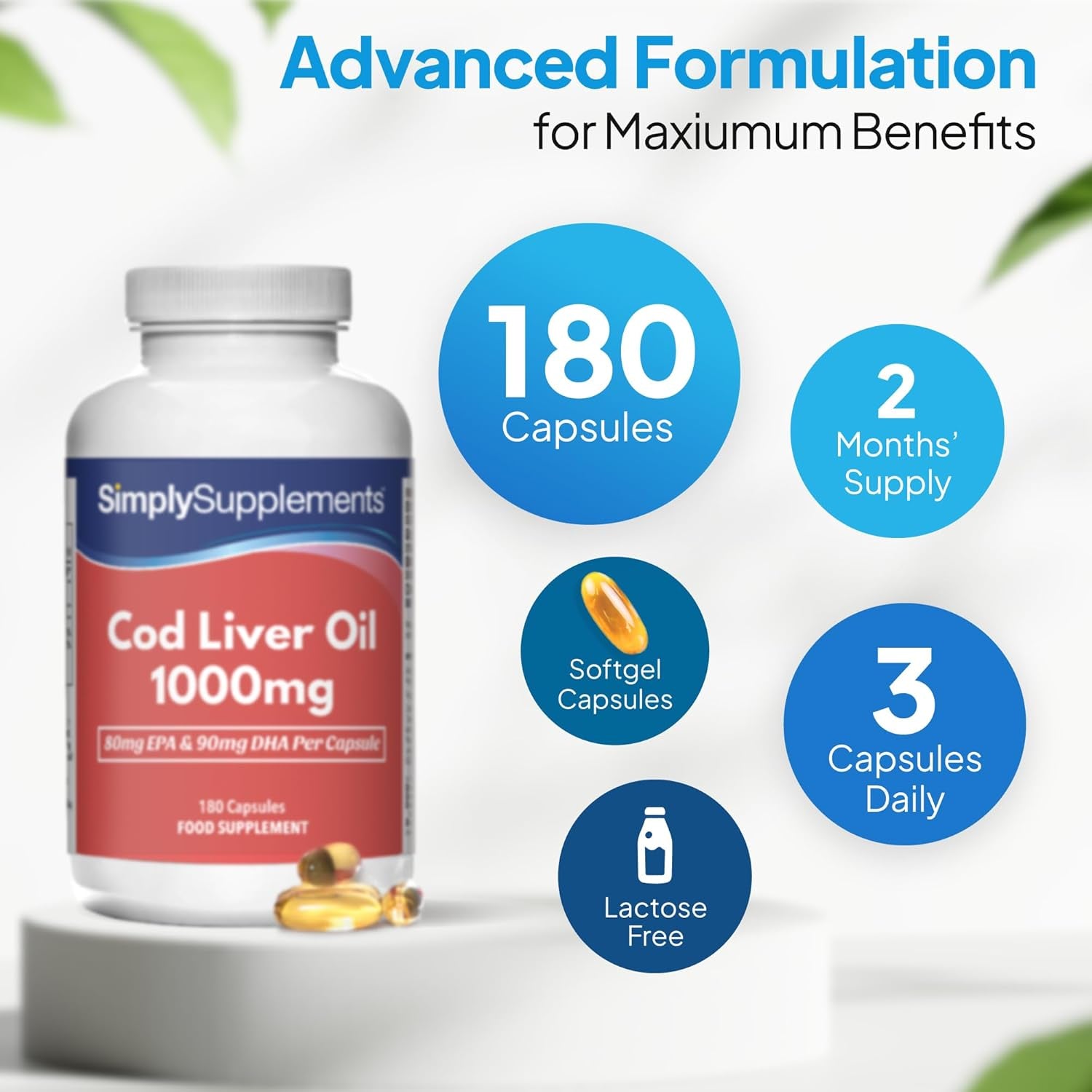 Pure Cod Liver Oil 1000Mg | Supports Heart, Brain, Vision & Immune Health | Rich in Omega 3 Fatty Acids | 240Mg of EPA and 270Mg of DHA per Serving | 180 Capsules = 2 Months' Supply | Made in the UK