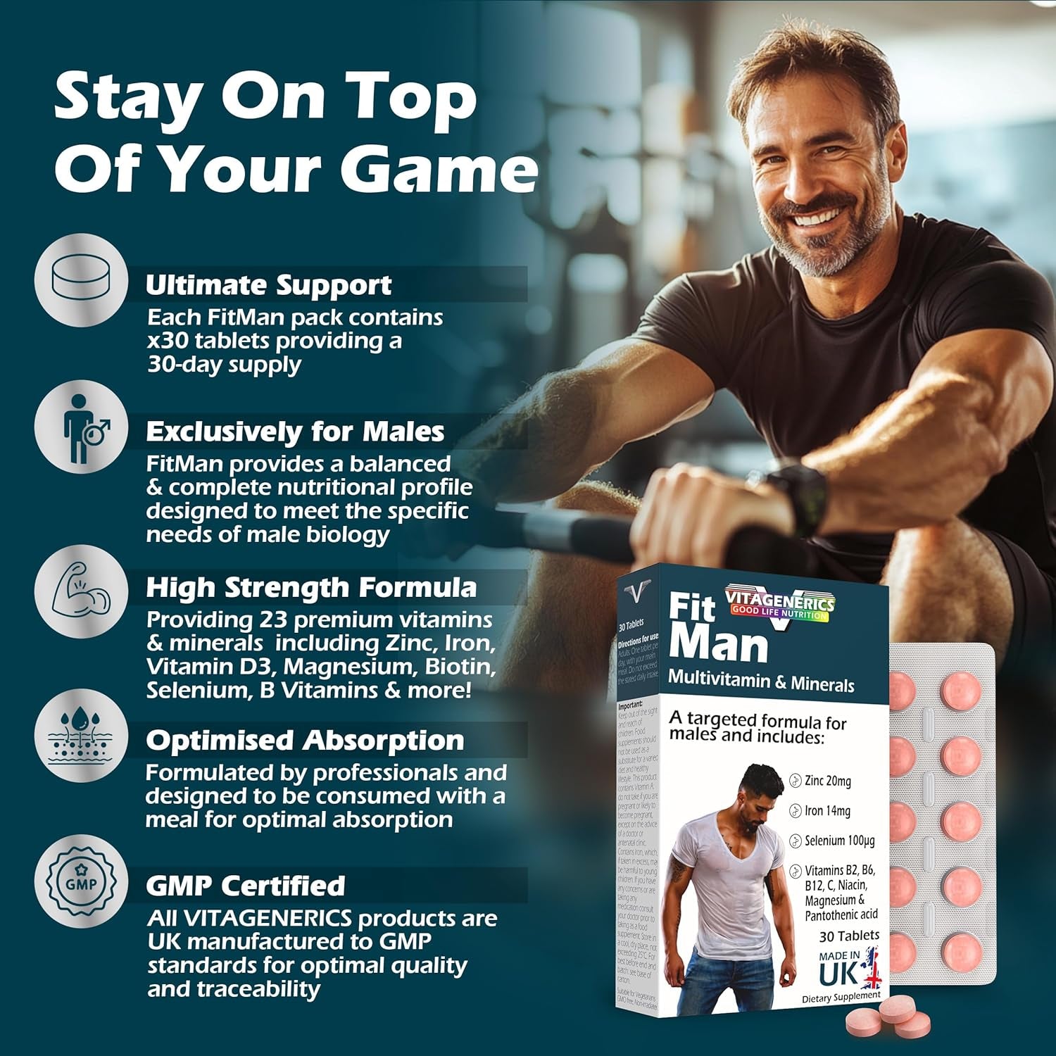 VITAGENERICS Fitman High Strength Multivitamin & Minerals | 30 Tablets| with Zinc, Iron, Biotin, Vitamin D, Magnesium, B-Complex & More! UK Made Supplement for Men