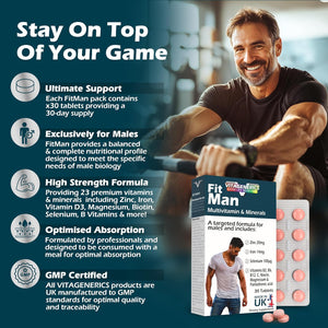 VITAGENERICS Fitman High Strength Multivitamin & Minerals | 30 Tablets| with Zinc, Iron, Biotin, Vitamin D, Magnesium, B-Complex & More! UK Made Supplement for Men