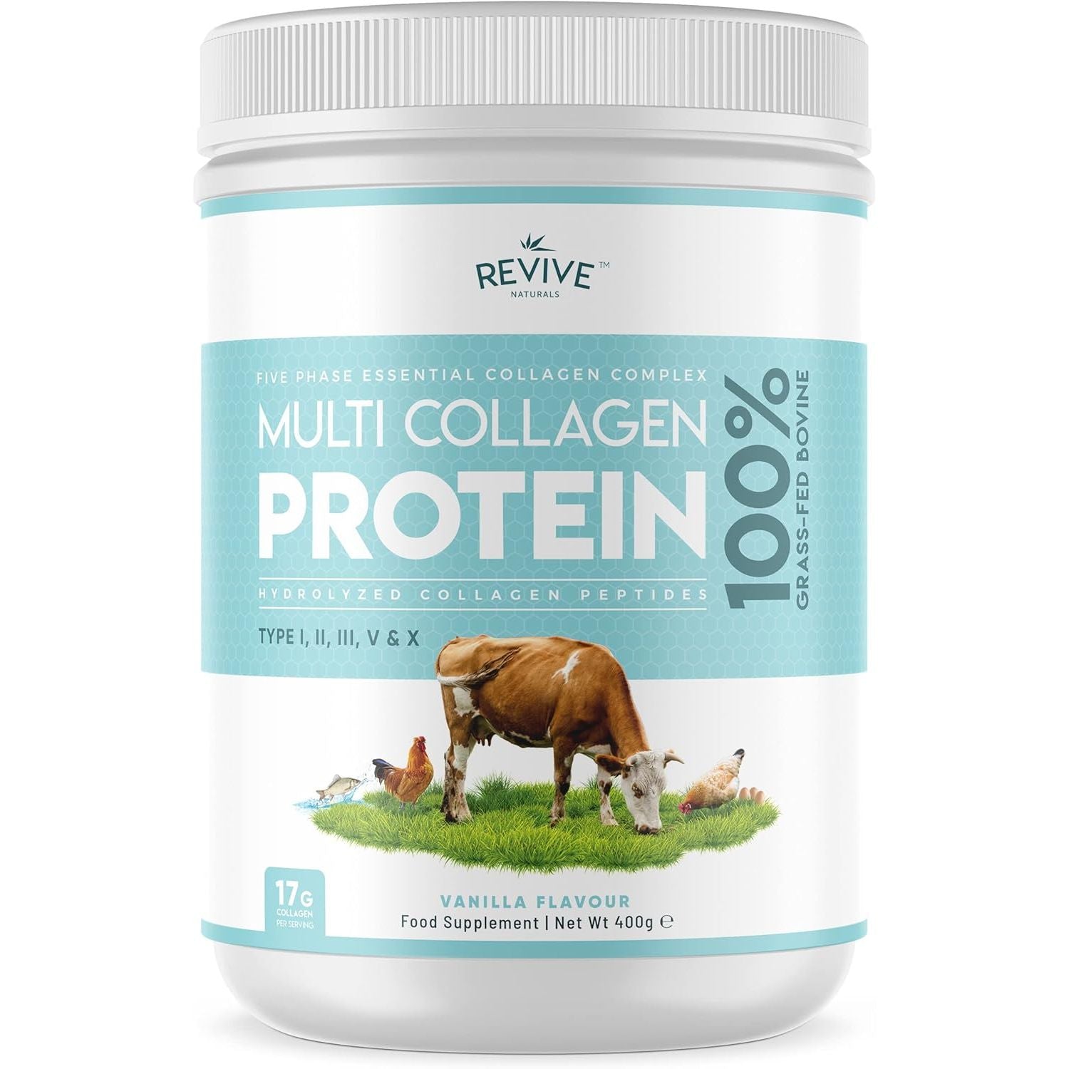 Vanilla Multi Collagen Protein Powder - 400G - Unsweetened - 5 Types of Collagen Peptides - Hydrolysed Grass Fed Bovine, Wild Caught Marine & Free-Range Chicken - Keto Approved