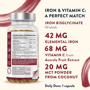 Gentle Iron Supplements for Women and Men - 42 Mg Iron Tablets High Strength with Natural Vitamin C - Active Form - Bisglycinate - Fatigue Supplements with High Bioavailability - 120 Capsules