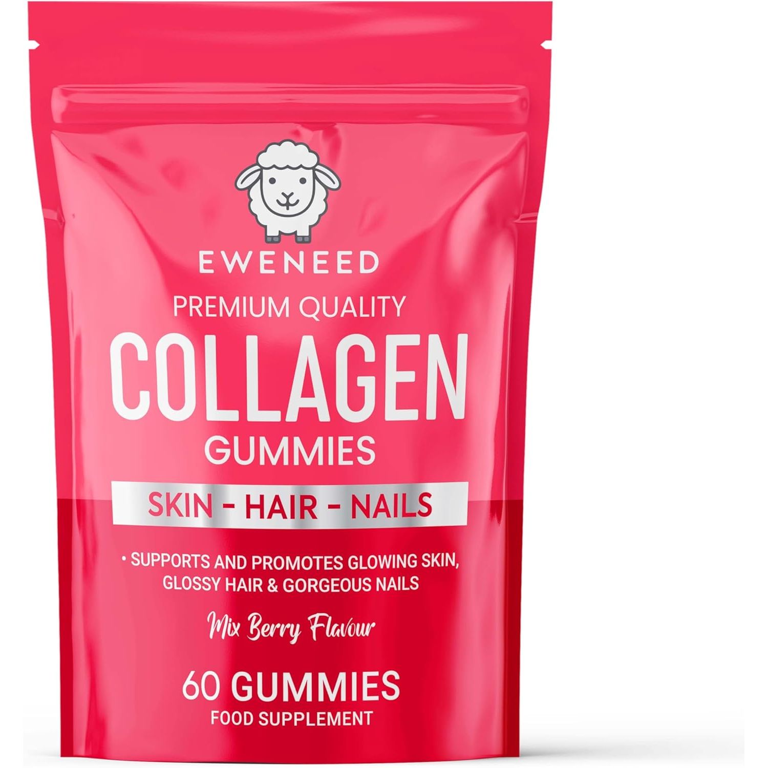 Eweneed Collagen Gummies for Skin, Hair and Nails, Mixed Berry Flavour, 60 Gummies with Marine Collagen
