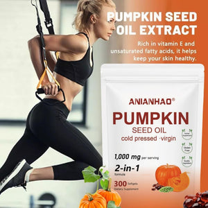 Pumpkin Seed Oil Capsules 300 Softgels, Pumpkin Seed Extract | 2 in 1 Pumpkins Seed Oil for Hair Growth, Cold Pressed, Supports Hair, Heart, Skin Supplement | Non-Gmo | Gluten Free