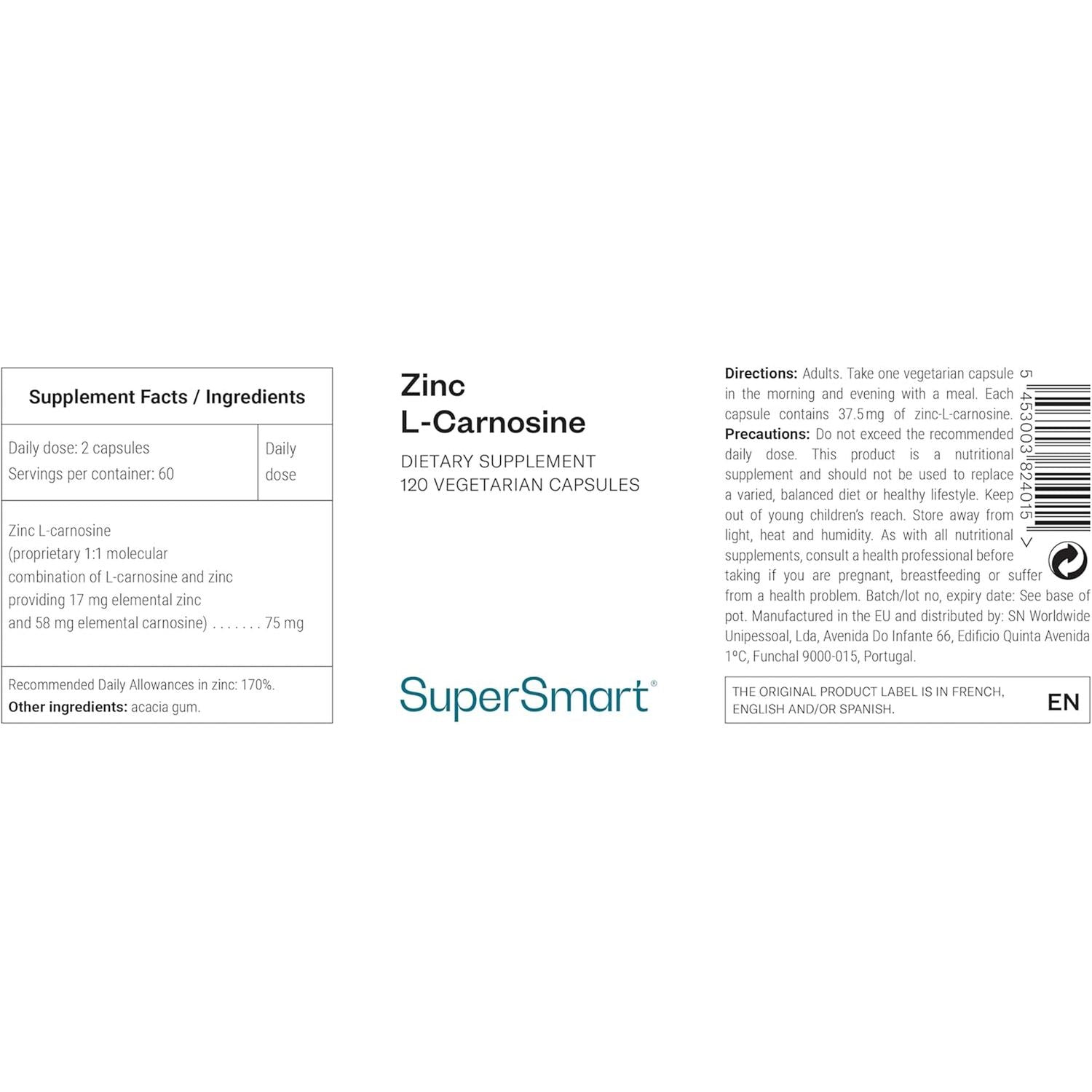 Supersmart - Zinc L-Carnosine - Gut Health & anti Inflammatory Supplement - Help Reduce Acid Reflux | Non-Gmo & Gluten Free - 90 Vegetarian Capsules