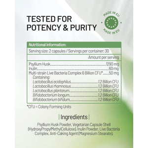 Psyllium Husks Capsules with Probiotics - High Fibre Supplement 1400Mg - Soluble Fiber Tablets High Strength - 60 Capsules - Pure Psyllium Husk & 6B Acidophilus Probiotic Complex for Digestive Support