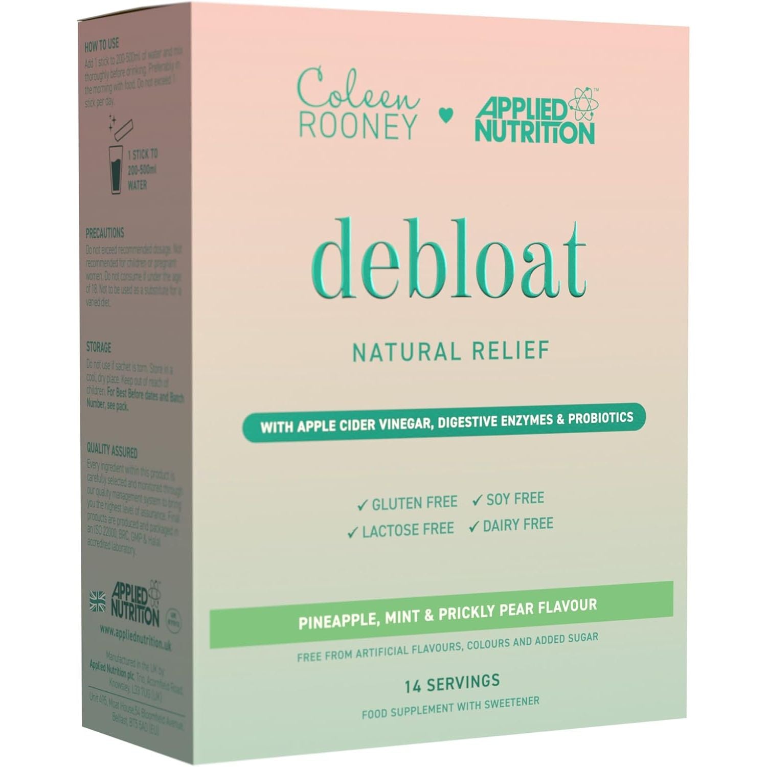 Applied Nutrition - Coleen Rooney - Debloat Powder - Apple Cider Vinegar & Enzymes, Best Digestive Health, Best Vegan Gut Support - Natural Bloating Relief (14 X 9.1G) (Pineapple, Mint & Prickly Pear)