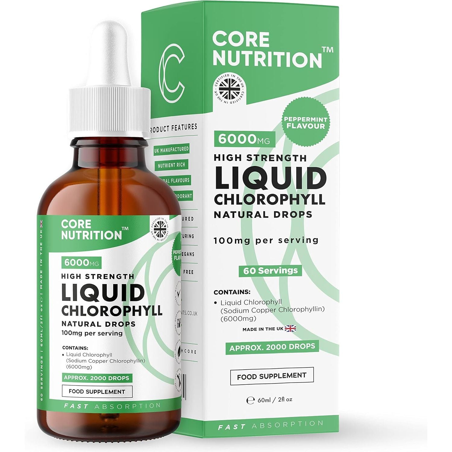 Liquid Chlorophyll Drops for Water - High Strength of 6000Mg per 60Ml Bottle at 4X Concentration - 2 Month Supply of Chlorophyll Liquid Drink - Made in UK by Core Nutrition