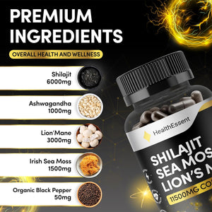 Sea Moss Shilajit Lion Mane 3 in One, with Added Ashwagandha and Black Pepper, 11500Mg Superfood Blend for Vitality & Immunity, Energy and Brain Health - 120 Vegan Capsules by Healthessent