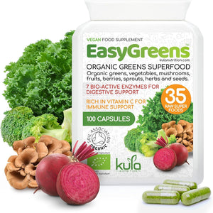 Easygreens - Organic Greens Superfood Capsules – 100 Vegan Capsules - Soil Association Certified Natural Vitamin and Mineral - 35 Raw Greens, Fruits, Vegetables, Mushrooms, Sprouts, Seeds and Herbs