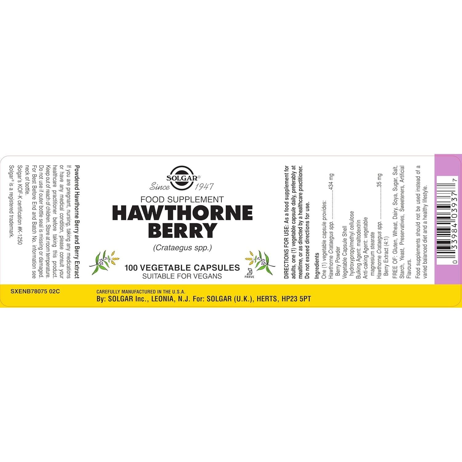 Solgar Hawthorne Berry Vegetable Capsules - Pack of 100 - Powdered Extract - Vegan, Vegetarian, Kosher