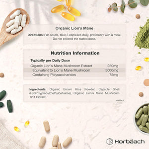 Organic Lions Mane Supplement 3000Mg | High Strength | Certified Organic by the Soil Association | Mushroom Fruiting Bodies Extract | 120 Vegan Capsules | by Horbaach