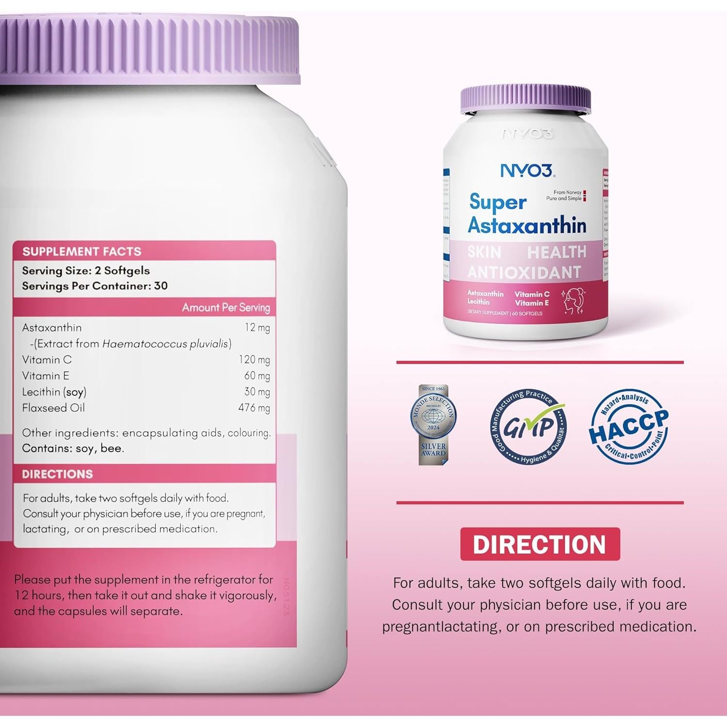 NYO3 Astaxanthin 12Mg, Premium Antioxidant Supplements, Vitamins C & E, Lecithin & Flaxseed Oil 60 Softgels, Fresh Microalgae Source | Supports Eye, Joint & Immune System Health