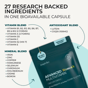 Inspiriko Women’S Multivitamins with 100Mg Coq10 & Lutein - (2 Month Supply) Award-Winning Multivitamin Tablets for Women - 27 Vitamins and Minerals, High Strength, Once Daily, Vegan