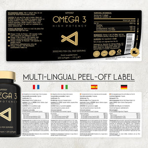 Fish Oil Omega 3 Capsules High Strength - 3000Mg Triple Potency - Easy to Swallow with No Fishy Aftertaste - 120 Softgels - UK Made Omega 3 Supplements High in DHA & EPA - Pure & Sustainable Fish Oil