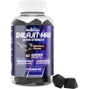 Wellboost Shilajit Max Gummies – 200Mg Shilajit, 40Mg Ashwagandha, 2Mg Vitamin B6 – Vegan Elderberry Flavour – Energy, Vitality & Well-Being Support for Adults (1 Month Supply).