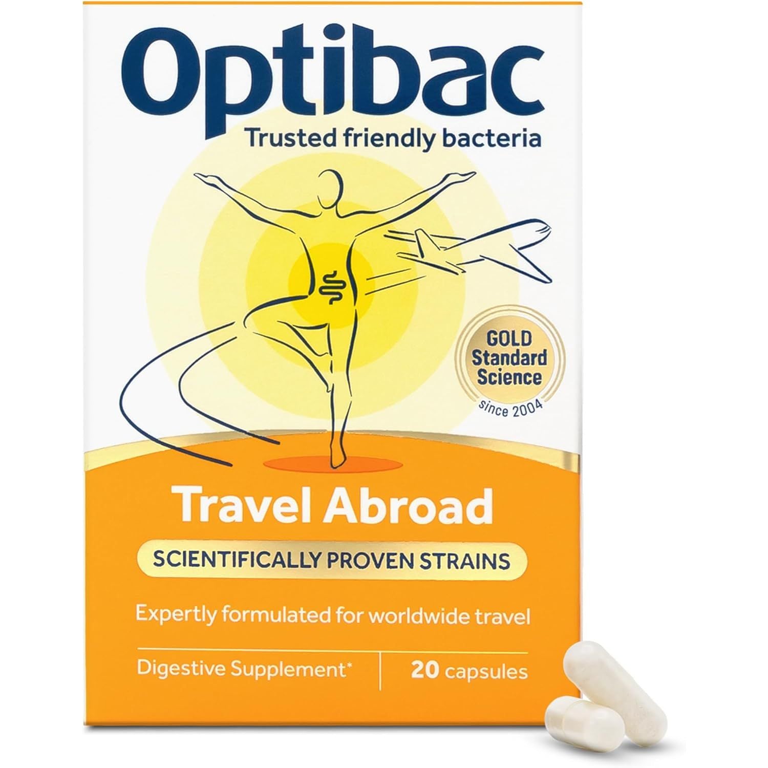 Optibac Probiotics Travel Abroad - Highly Researched Vegan Digestive Probiotic Supplement - Expertly Formulated for Travel & a Range of Climate Conditions - with Saccharomyces Boulardii - 20 Capsules