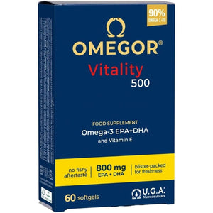 Omega 3 Fish Oil Capsules IFOS Certified - OMEGOR Vitality 500 Omega3 Supplement with 535Mg EPA and 268Mg DHA for 2 Capsules - No Aftertaste (60 Softgel Caps)