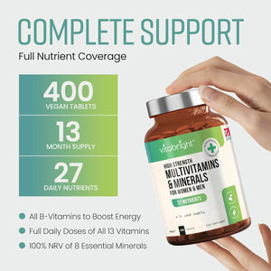 High Strength Multivitamins with Iron & Minerals | 400 Vegan Multivitamin Tablets for Women, Multivitamin Tablets for Men | 100% of All Vitamins | Adult Multi Vitamin | Vitabright Vitamin Supplements