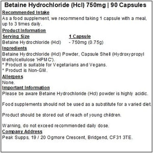 Betaine HCL (Hydrochloride) 750Mg - 90 Capsules - Vegan