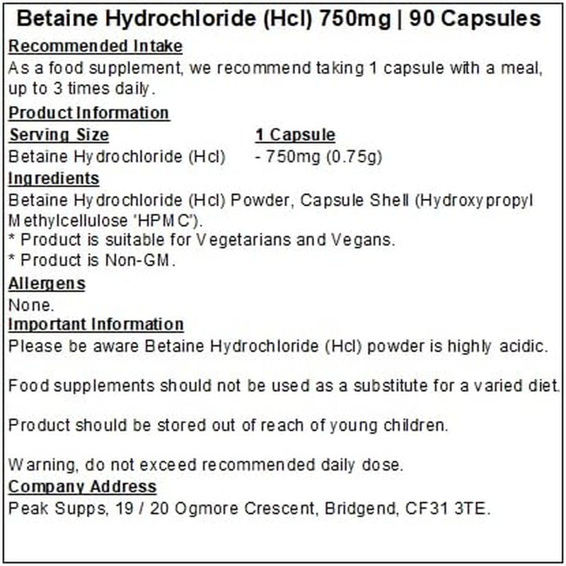 Betaine HCL (Hydrochloride) 750Mg - 90 Capsules - Vegan