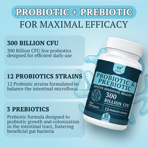 300 Billion CFU Probiotics for Digestive Gut & Immune Health, Advanced Strength Probiotics with 12 Diverse Strains + 3 Prebiotics for Women & Men (60 Count (Pack of 1))