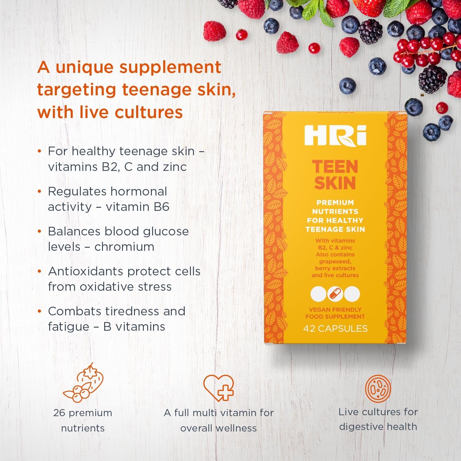 HRI Teen Skin Kids Vitamins - Multivitamin for Kids 12-18 Years - to Aid Health and Well Being of Teens. Healthy Immune System, Gut, Skin Care for Teenage Girls and Boys. 42 Vegan Capsules